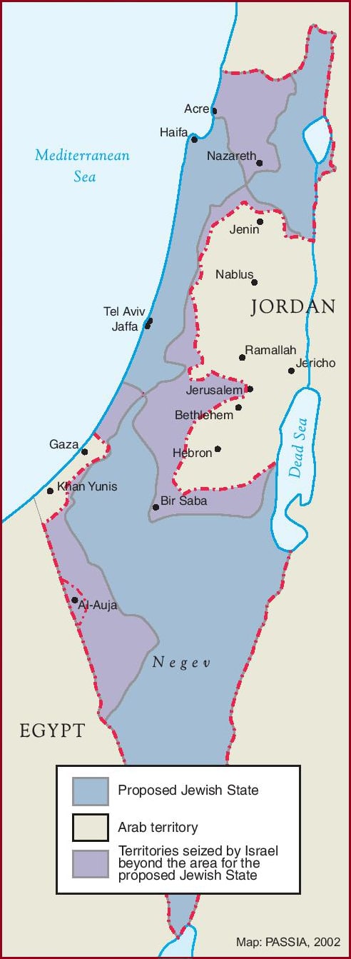 Map showing the 1949 armistice line which was cemented at the end of the war, many of the territories seized by Israel were outside its proposed borders according to the UN partition plan.