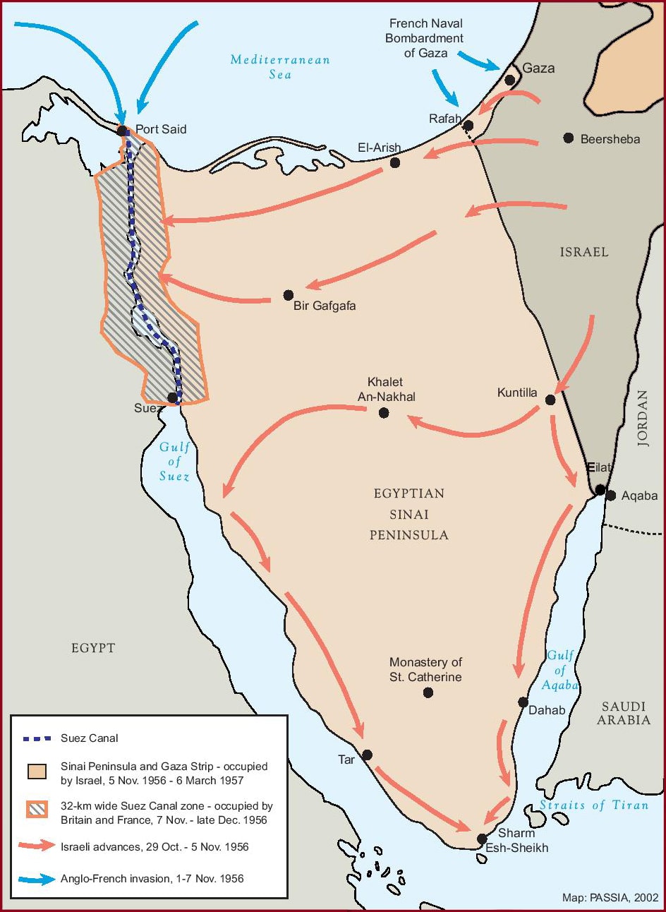 Map showing the details of the 1956 tripartite attack on Egypt