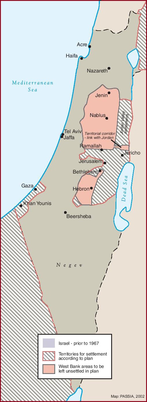 Map showing the Allon plan, which called for taking over most of the West Bank and Gaza Strip through settlement activity. The geographic distribution of settlements today is eerily similar to this plan.
