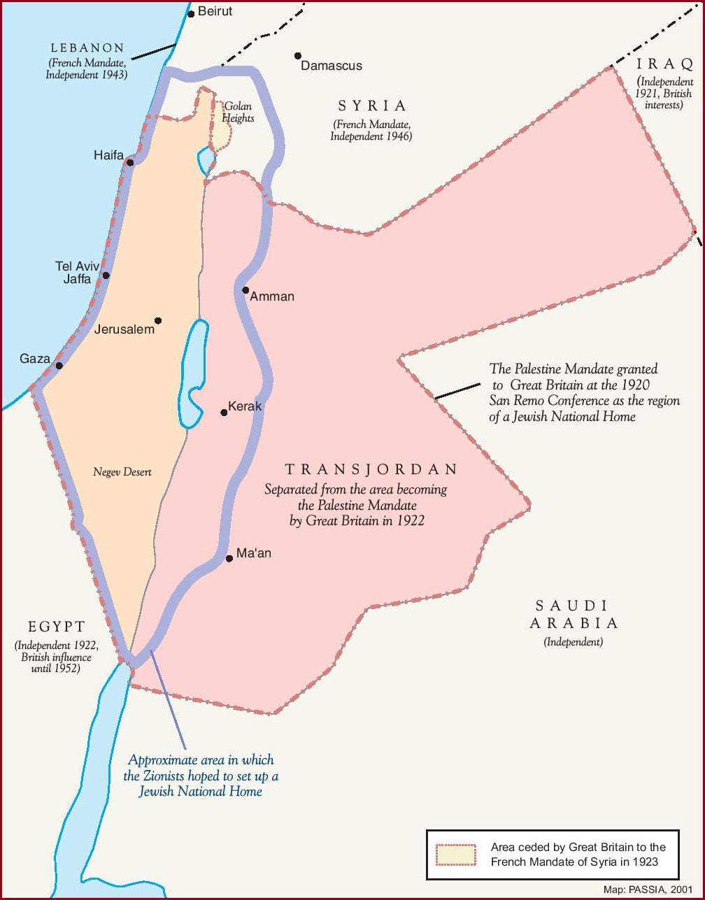Map of the mandate of Palestine, showing its borders with Transjordan, Syria, Egypt and Lebanon.