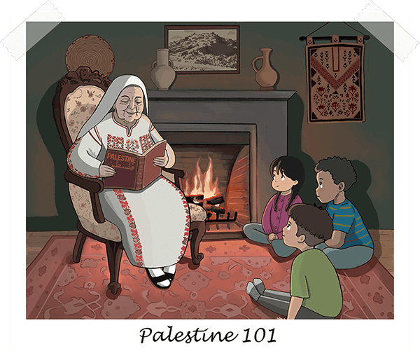 A photograph of an old Palestinian woman in traditional garb, reading the history of Palestine to some children in front of a fireplace.