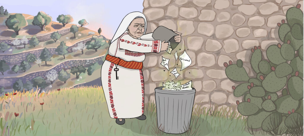 An old Palestinian woman in traditional garb is taking out the trash, filled to the brim with myths and debunked talking points on Palestine.