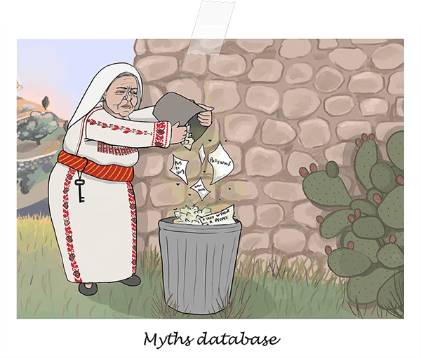 An old Palestinian woman in traditional garb is taking out the trash, filled to the brim with myths and debunked talking points on Palestine.