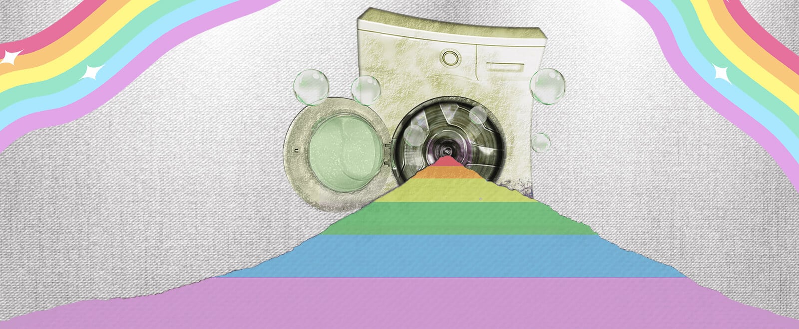 Rainbow washing. Image of a washing machine doing its best to clean filthy rags and turn them into rainbows.