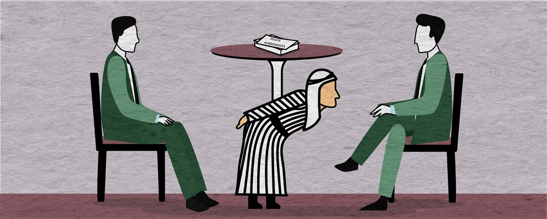 Introduction to Palestine 4: Two intifadas and two states. Image of two men in suits negotiating over a table propped up by a Palestinian fallah.