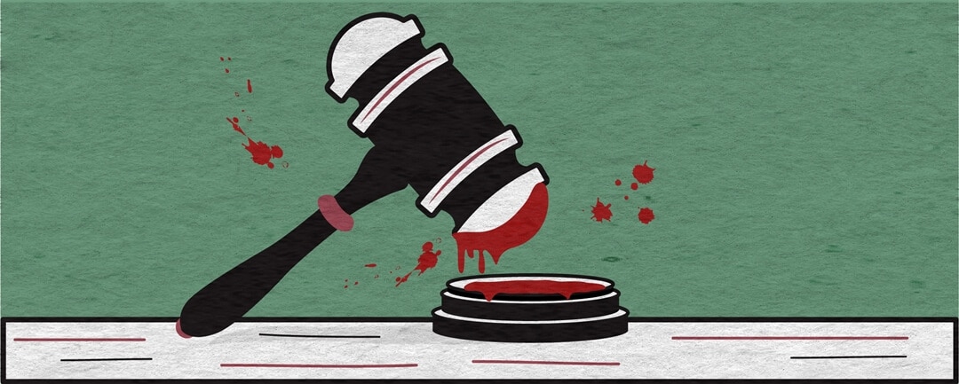 Does Israel hold itself responsible for its human rights violations? Image of a bloody gavel.