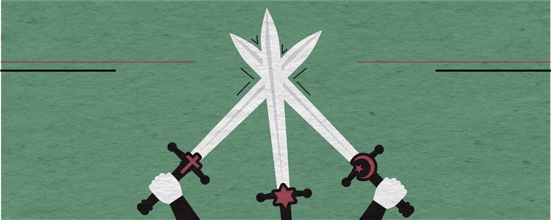 Is the Palestinian question about religion? Image of three swords, each having a religious insignia on them, representing Islam, Christianity and Judaism.