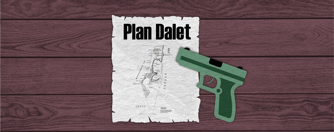 Was the war of 1948 inevitable self-defense for Israel? Image of a pistol on top of a paper reading "Plan Dalet".