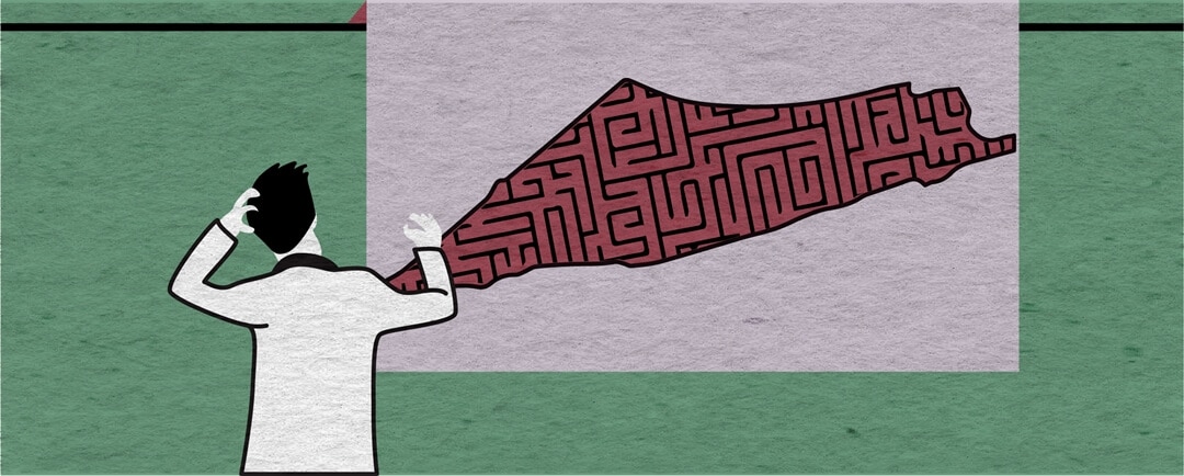 Is the Palestinian question uniquely convoluted and complicated? Image of a confused man trying to solve a maze puzzle in the shape of Palestine.