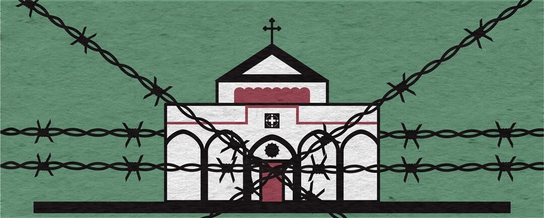 Are Palestinian Christians leaving due to the PA and Palestinian Muslims? Image of a church surrounded by barbed wire.