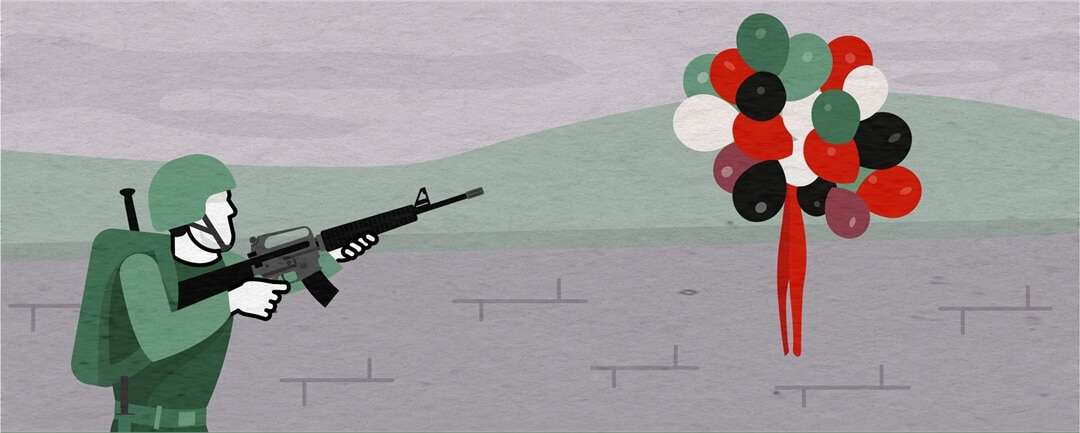 Israel is defending itself. Image of an Israeli soldier aiming at balloons.